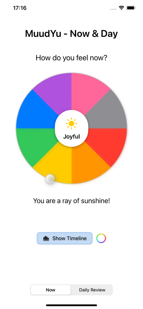 MuudYu - MuudYu app showing the colorful donut interface for visual mood tracking with a joyful status