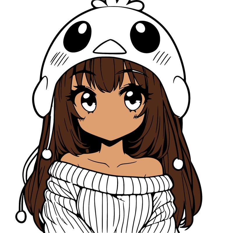 anime girl with chick shaped hat with sweater with bare shoulders with bangs covering them one eye with low tail