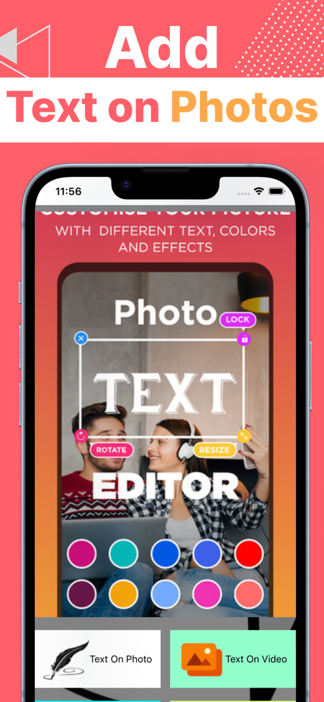 色とフォントの選択オプションが付いた写真にテキスト編集ツールを示すモバイルアプリのインターフェース。