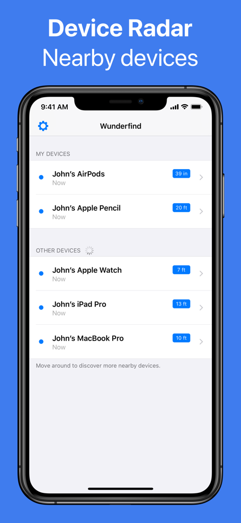 Wunderfind app interface displaying a radar list of nearby Bluetooth devices with their estimated distances