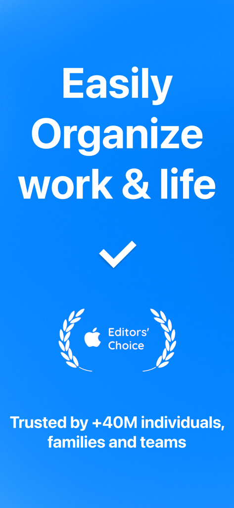 Pantalla de inicio de la aplicación Any.do con el premio Apple Editors Choice y el eslogan Organiza fácilmente el trabajo y la vida.