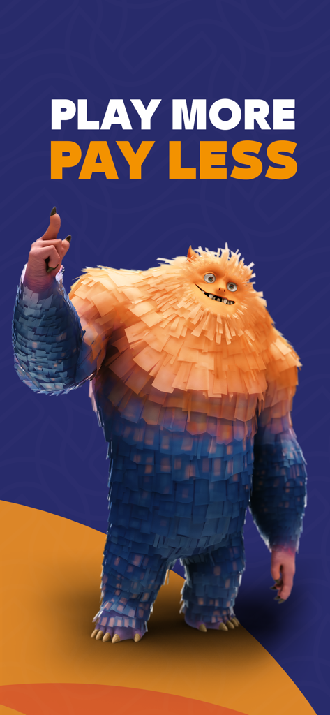 LikeCard - A colorful blue and orange furry monster mascot pointing up next to the text Play More Pay Less on the LikeCard app interface
