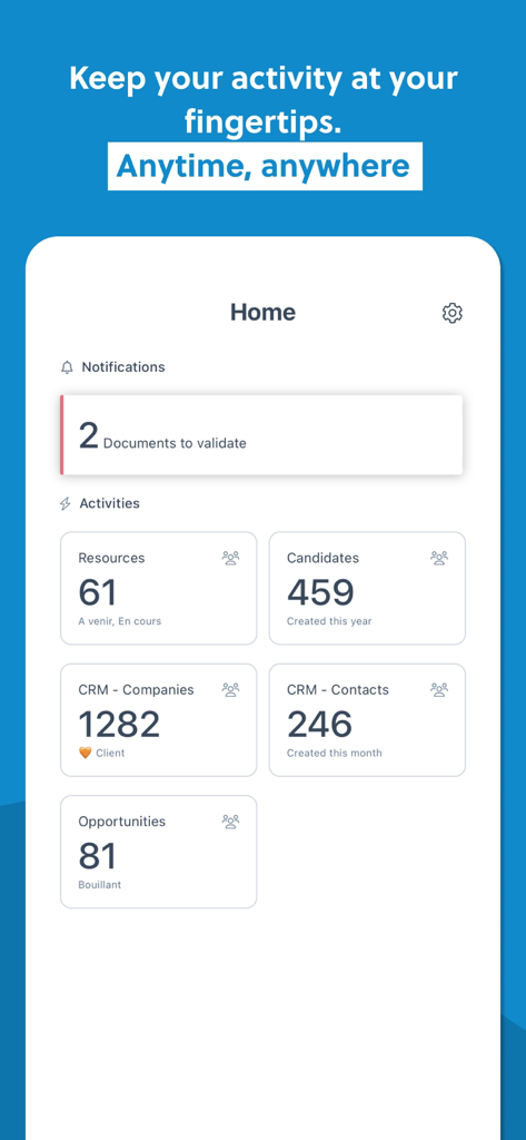 BoondManager 모바일 앱 홈 화면으로, 후보자, CRM 연락처 및 기회에 대한 지표를 보여주는 비즈니스 대시보드입니다.