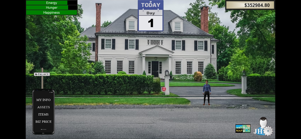 Life Changer (Mobile) - A character standing in front of a luxury mansion in the Life Changer mobile game interface showing stats and currency