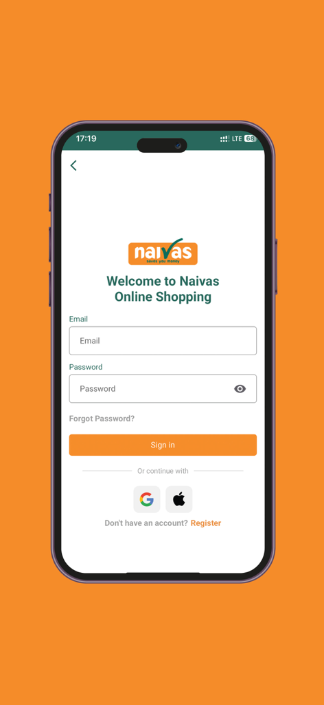 Tela de login do aplicativo de compras Naivas Online com campos de entrada de e-mail e senha