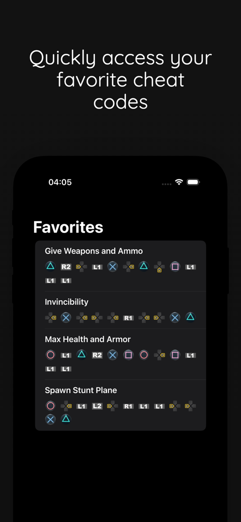 Écran de l'application mobile montrant les codes de triche préférés pour GTA 5 sur PlayStation
