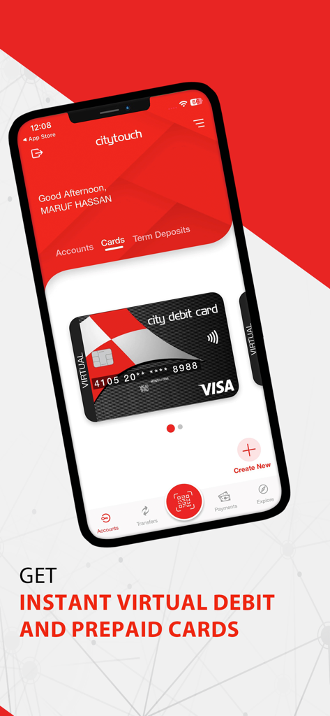 Citytouch - Citytouch mobile banking app displaying an instant virtual Visa debit card.