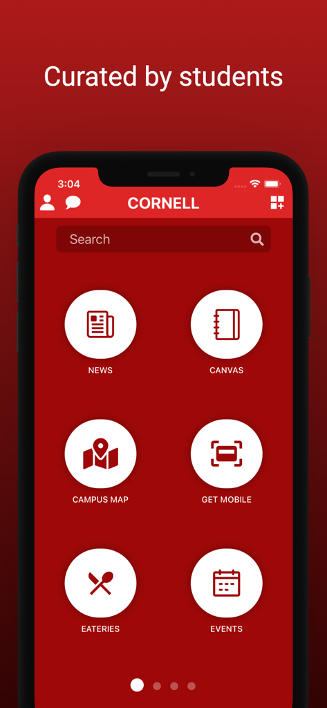 Cornell Student App - Cornell Student App home screen showing icons for News, Canvas, Campus Map, Get Mobile, Eateries, and Events on a red interface.