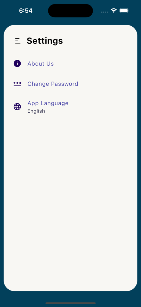 IbnSina Medcall - Pantalla de configuración de la aplicación IbnSina Medcall que muestra opciones para Acerca de nosotros, Cambiar contraseña e Idioma de la aplicación