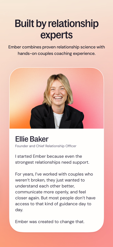 Ember: AI Relationship Coach - Portrait of Ellie Baker Founder and Chief Relationship Officer of Ember AI Relationship Coach describing the apps expert-led vision