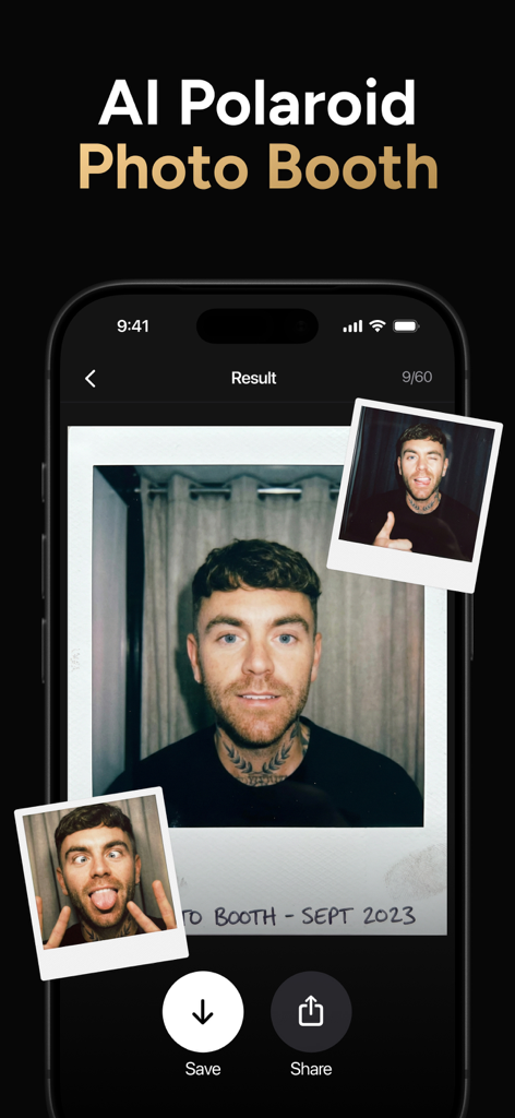 Momo - AI Photo Generator - A smartphone screen displaying the AI Polaroid Photo Booth feature of the Momo app with vintage style instant photos