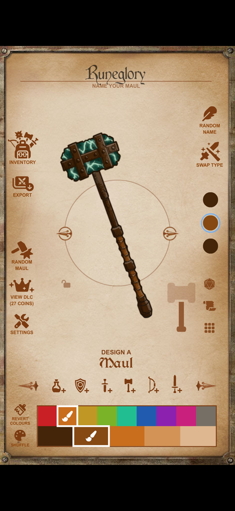 Instant Armory - Interface of the Instant Armory app showing the customization of a hand-drawn fantasy maul weapon