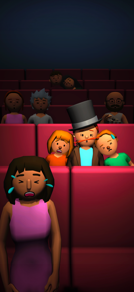 Cinema Tycoon 3D - Stylized 3D characters sitting in a movie theater with a girl crying in the front row
