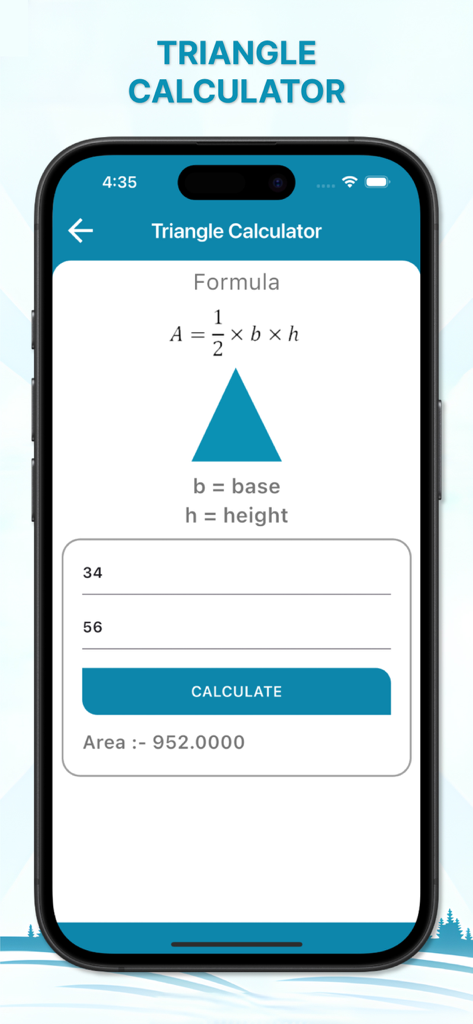 Tela de cálculo da área do triângulo no aplicativo Calculadora de Topografia mostrando a fórmula de geometria e campos de entrada