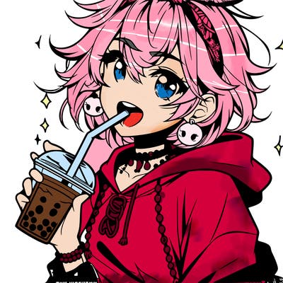 hot baddie anime girl drinking boba and biting the straw