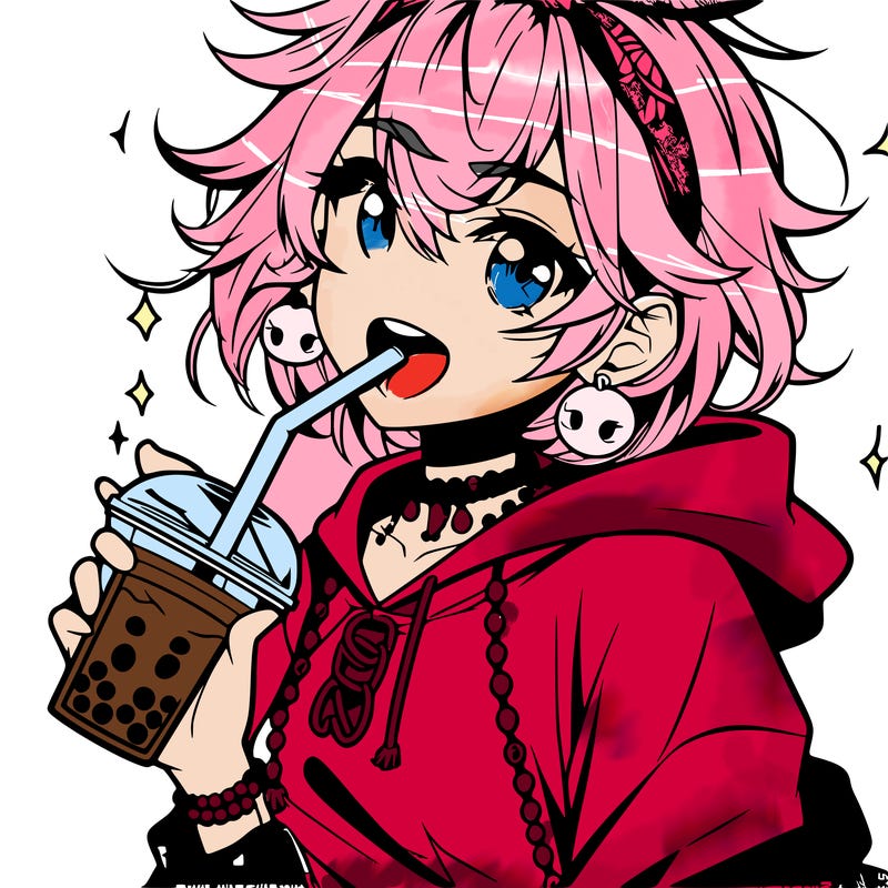 hot baddie anime girl drinking boba and biting the straw