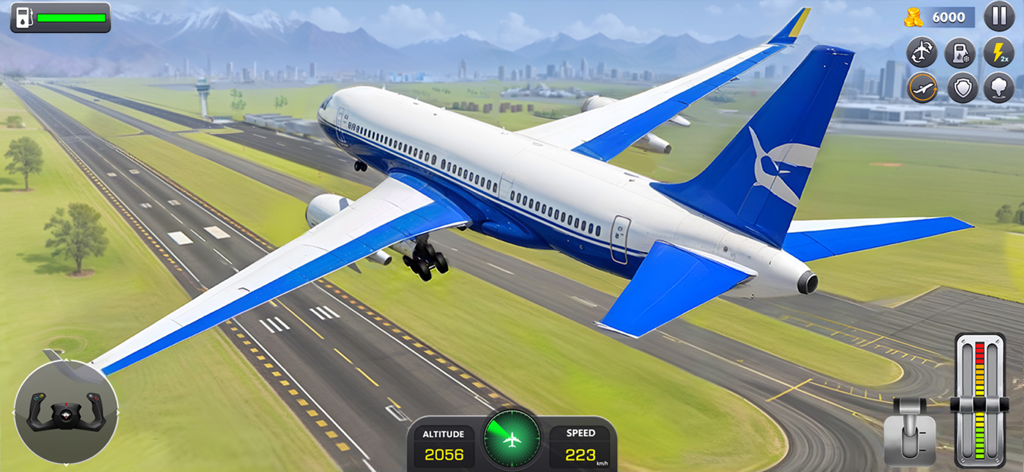 3D 비행 시뮬레이터 게임에서 활주로에서 이륙하는 비행기