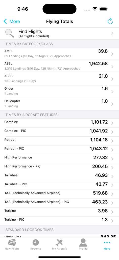 Un écran récapitulatif dans l'application MyFlightbook affichant le total détaillé des vols, classés par type d'appareil et selon des caractéristiques spécifiques telles que les hautes performances ou la roulette de queue.