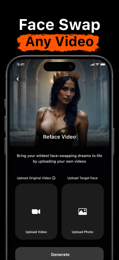 AI Face Swap - Face Swap Any Videoというタイトルのモバイルアプリのインターフェース。動画をアップロードするオプションと、リフェイス動画を生成するためのターゲット顔写真が表示されている。
