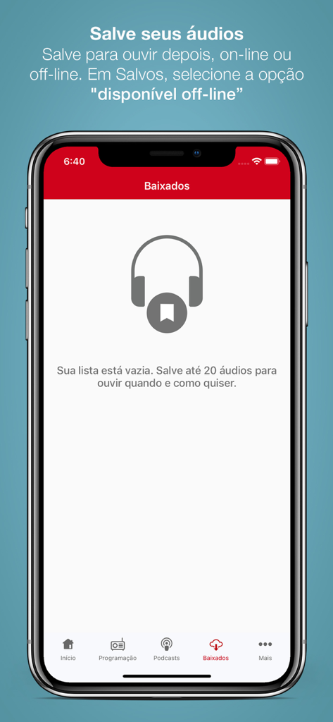 Rádio CBN - Interface of the Radio CBN app showing the offline downloads section to save audio and podcasts