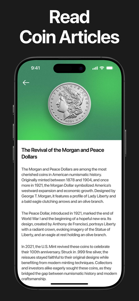 A mobile app screen displaying an educational article titled The Revival of the Morgan and Peace Dollars with an image of a silver coin.