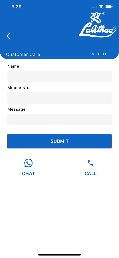 Pantalla de atención al cliente de la aplicación Lalithaa Jewellery con un formulario de contacto y opciones para chatear o llamar.