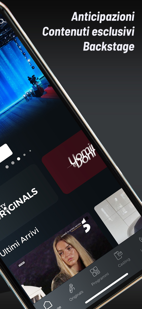 Interfaz de la aplicación móvil WittyTv que muestra avances y contenido exclusivo detrás de cámaras para programas de TV italianos