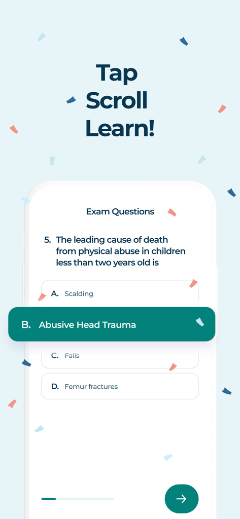 Una pantalla de pregunta de examen de opción múltiple dentro de la aplicación Capacitación sobre Abuso Infantil en Nueva York.