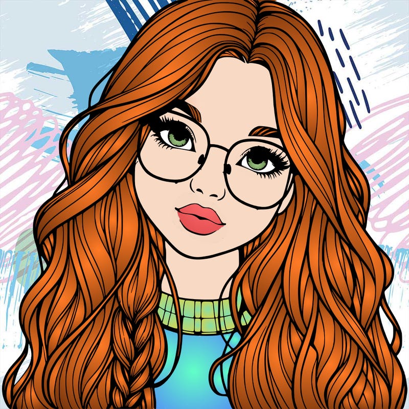 girl with long hair and freckles and glasses realistic