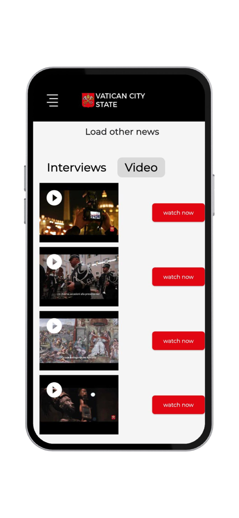 VaticanState - Sección de noticias y entrevistas en video en la aplicación móvil del Estado Vaticano.