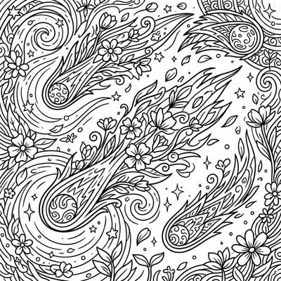 Embark on a celestial journey where short-period comets streak across a vibrant spring sky, leaving trails of blooming flowers and stardust. This intricate coloring page combines the wonder of space with the fresh beauty of the season.