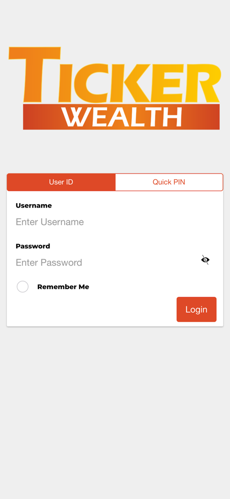Pantalla de inicio de sesión de la aplicación Ticker Wealth Client con campos de nombre de usuario y contraseña