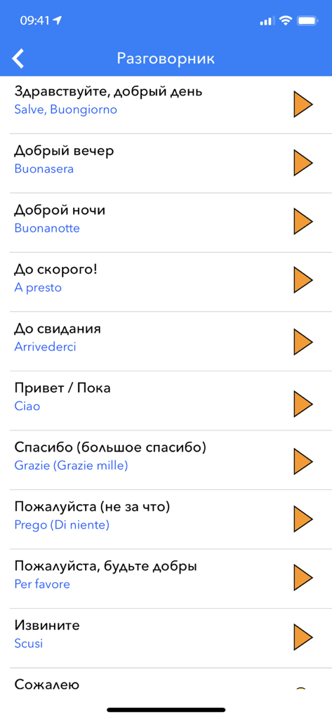 Путеводитель Аудиогид Travelry - A Russian to Italian travel phrasebook screen in the Travelry app featuring common greetings and audio play buttons.
