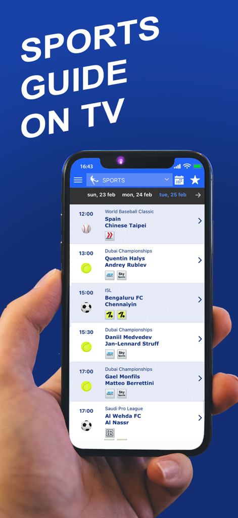 WOSTI Sports TV - Mobile app interface of WOSTI Sports TV showing a live sports broadcasting schedule.