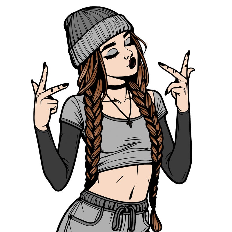 realistic teenage girl with braids and a beanie and crop top doing 🫶🏼