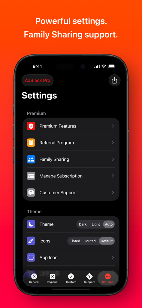 AdBlock Pro for Safari - Settings screen of AdBlock Pro for Safari showing premium features and family sharing options