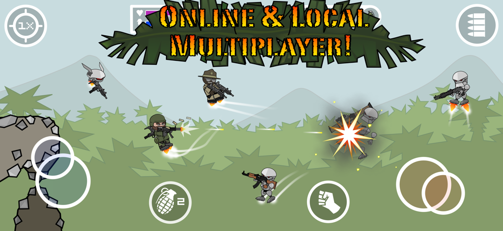 2D cartoon characters in a multiplayer jetpack battle in Mini Militia Classic