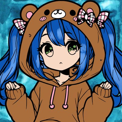 cute anime girl with ponytails and a cute bear hoodie