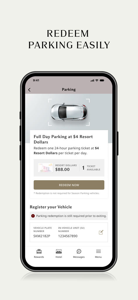 Schermata di riscatto del parcheggio dell'app Marina Bay Sands che mostra il saldo dei Resort Dollars e la registrazione del veicolo