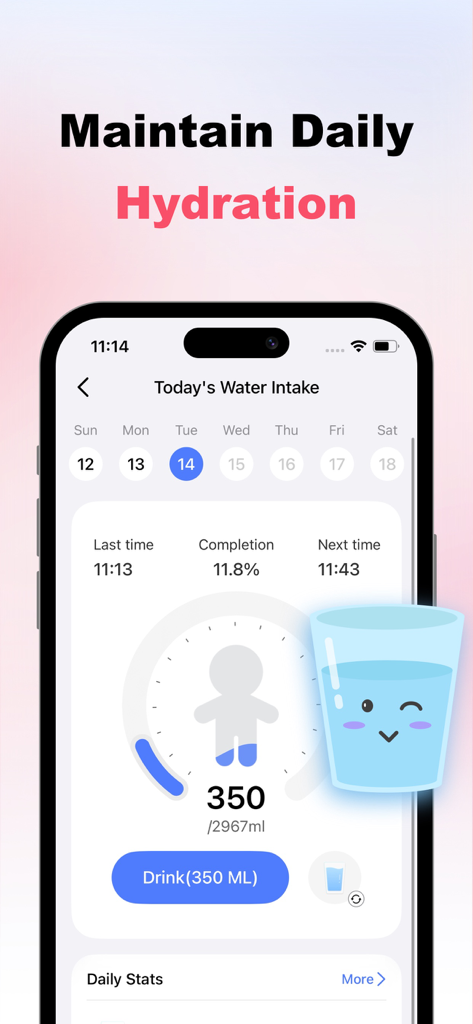 Interface of the Wellpulse app showing daily water intake tracking with a completion percentage and hydration goal progress