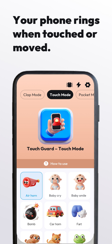 Interfaz de la aplicación ClapSeek que muestra la pantalla del Modo Táctil con varias opciones de sonido de alarma como bocina de aire y bocina de coche.