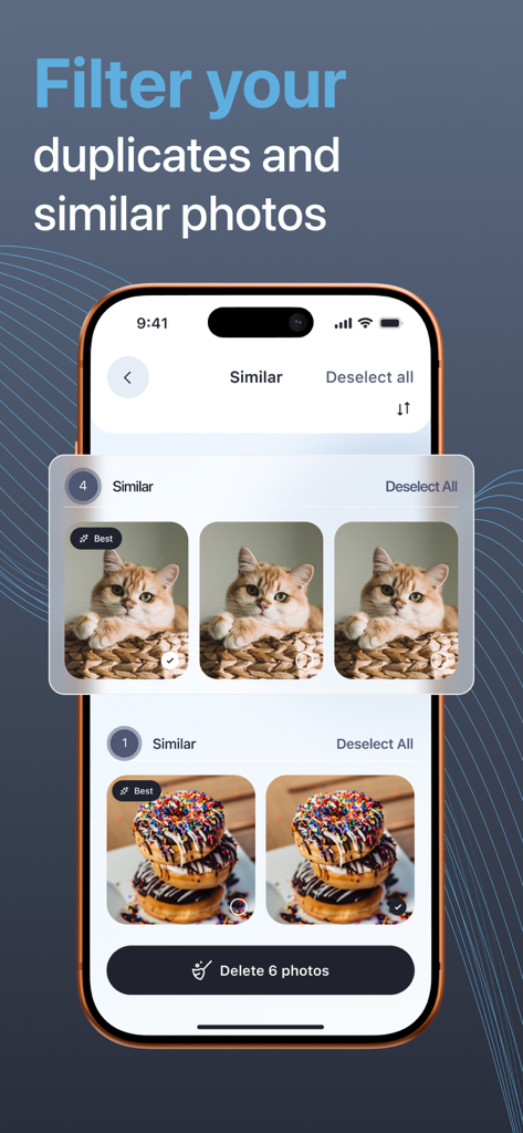 Purilo Cleaner App interface showing how to filter and delete duplicate or similar photos to save storage