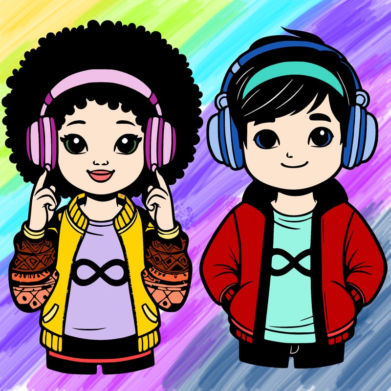 an afroamerican girl with headphones and a boy with headphones, they have an ♾️ symbol on their shirt