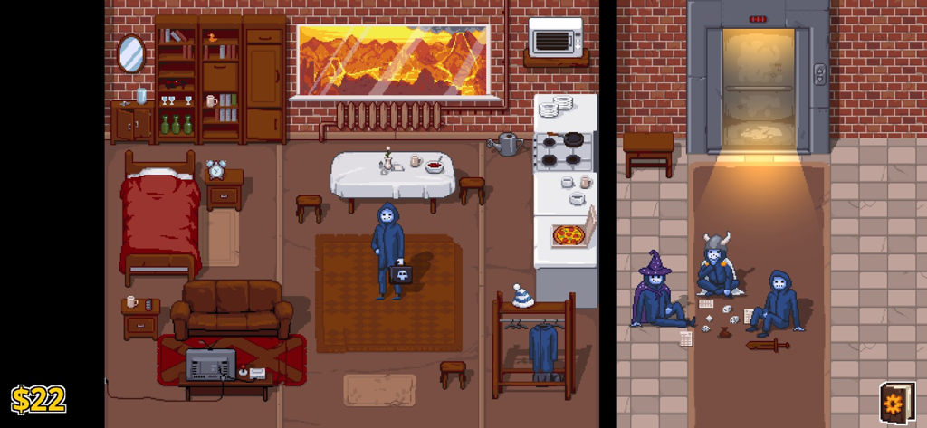 Peace, Death! 2 - Peace Death 2의 픽셀 아트 장면으로, 사신이 스튜디오 아파트에 있고 다른 사람들이 엘리베이터 앞에서 기다리고 있습니다.