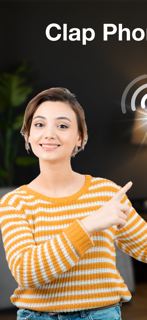 Find My Phone By Clapping - Woman smiling and pointing towards a signal icon for the find my phone app
