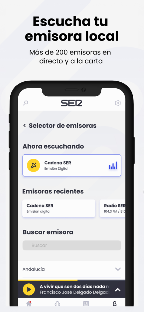 Cadena SER app interface showing the local station selector with over 200 radio options