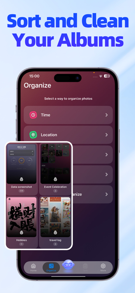 スマートアルバムプレビューで、時間と場所ごとに写真整理オプションを表示するiPhoneアプリインターフェース