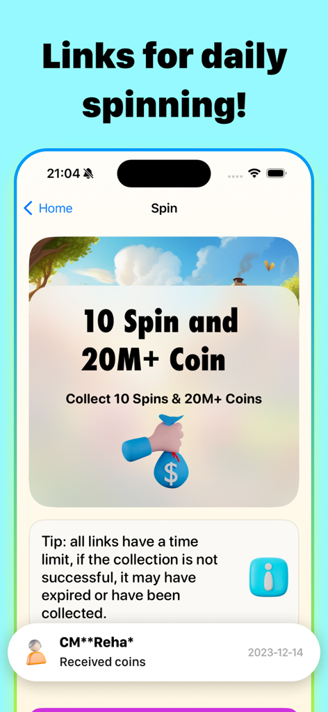 App interface showing daily free spins and coin rewards for Coin Master players.