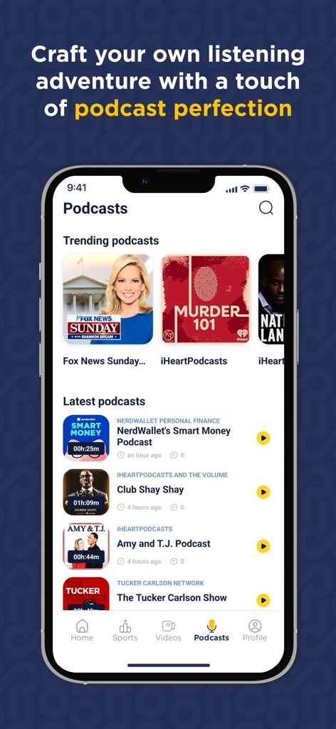 Daily8 app Podcasts screen showing trending and latest episodes from various sources.