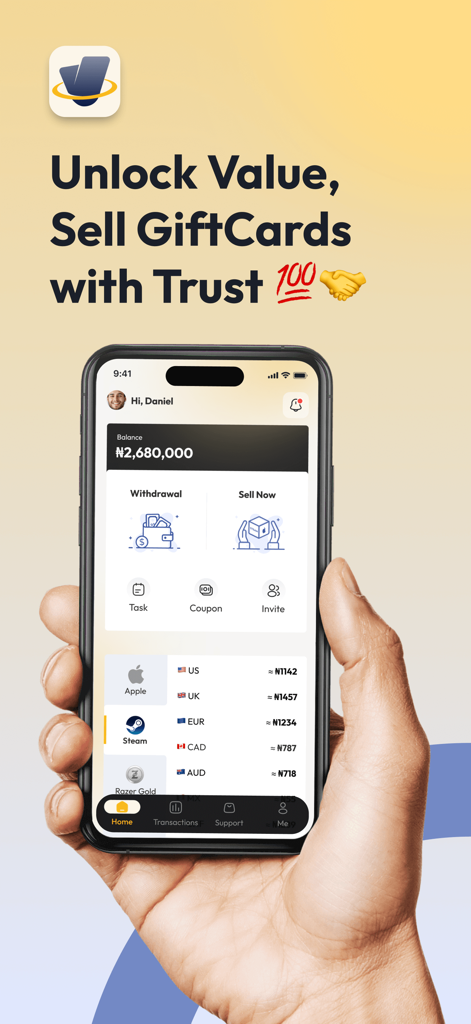 Cardlaxy: Sell Gift Cards - Cardlaxy app home screen showing options to sell gift cards like Steam and Apple with real-time exchange rates.